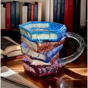 3D Painted Stained Glass Mug Stack Of Books Bookworm Teacher Library New